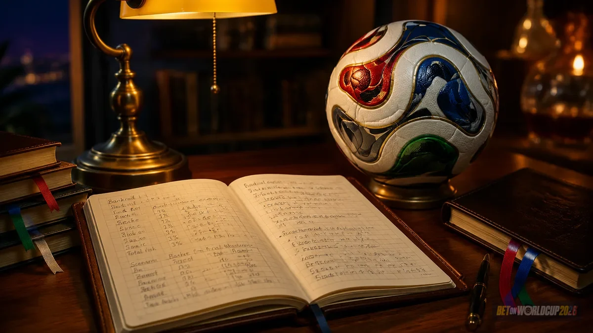 Livro-caixa aberto com colunas de check, caneta tinteiro de latão e bola Adidas Trionda 2026 — ilustração de dimensionamento de unidades pré-CLV