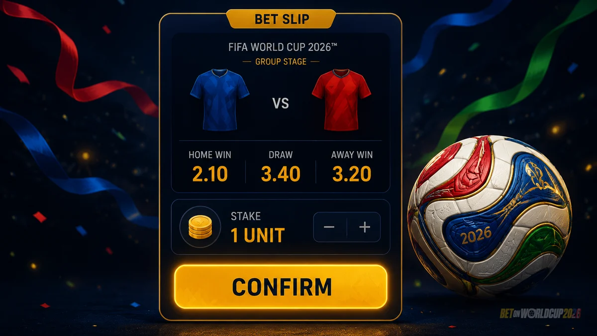 Cupom de aposta estilizado com linhas de jogo da Copa, odds decimais e unidades de stake