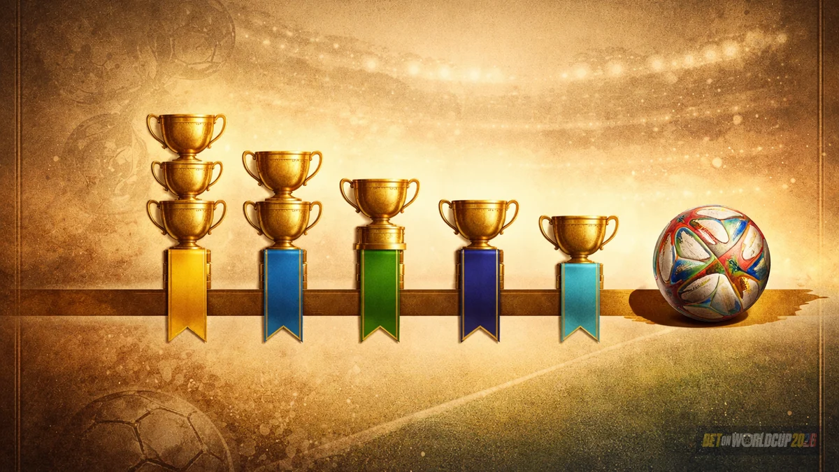 Linha do tempo sépia dos maiores campeões — troféus dourados abstratos representando Alemanha, Itália, Brasil, França e Argentina